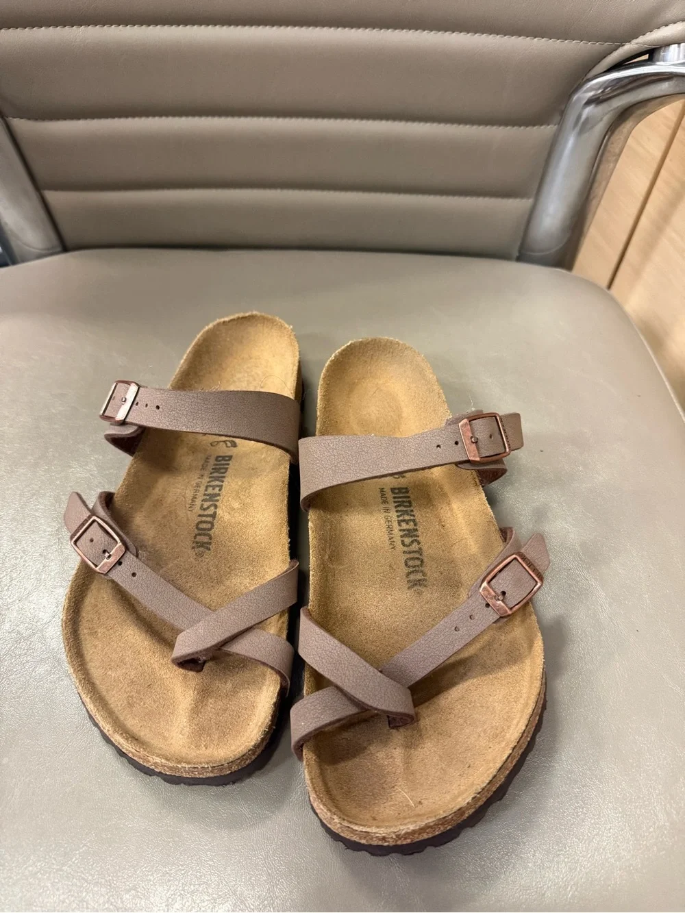 Birkenstock Women's Taupe Brown Double Strap Slide Sandals